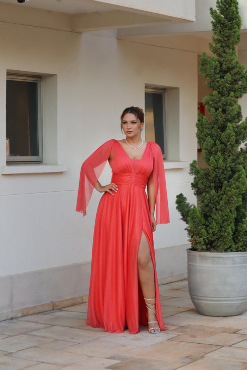 VESTIDO MANGA CAPA ACINTURADO vestido de festa PETRA FINA CORAL M